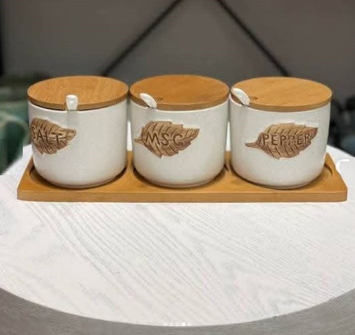 3-Piece Kitchen Spice Jar Set with Wooden Lids & Tray