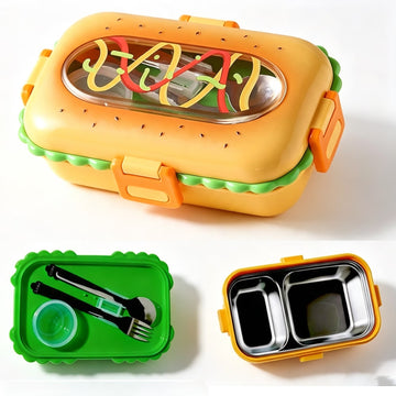 Burger Shaped 2-Compartments Bento Box with Steel Cutlery