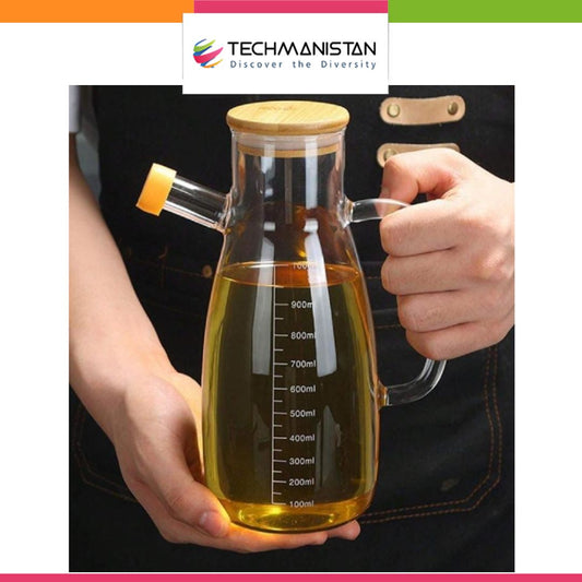 Glass Oil Dispenser with Wooden Lid - Techmanistan in Pakistan