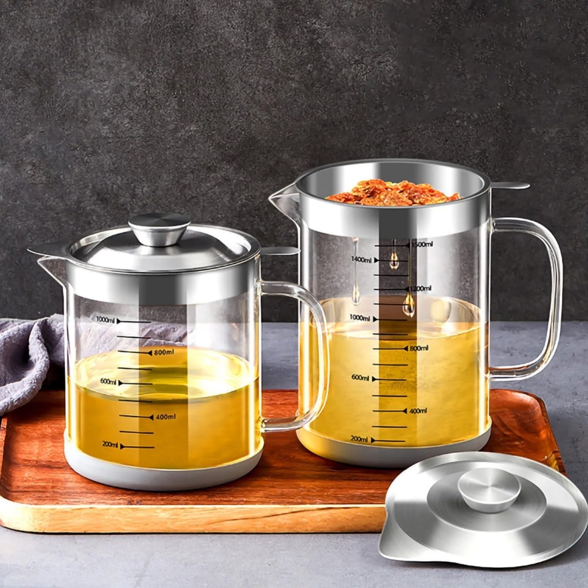 Glass Oil Pot with Stainless Steel Lid and Strainer - Techmanistan in Pakistan
