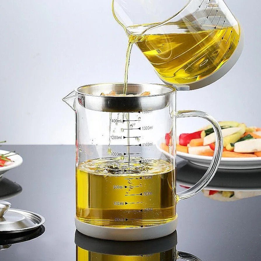 Glass Oil Pot with Stainless Steel Lid and Strainer - Techmanistan in Pakistan