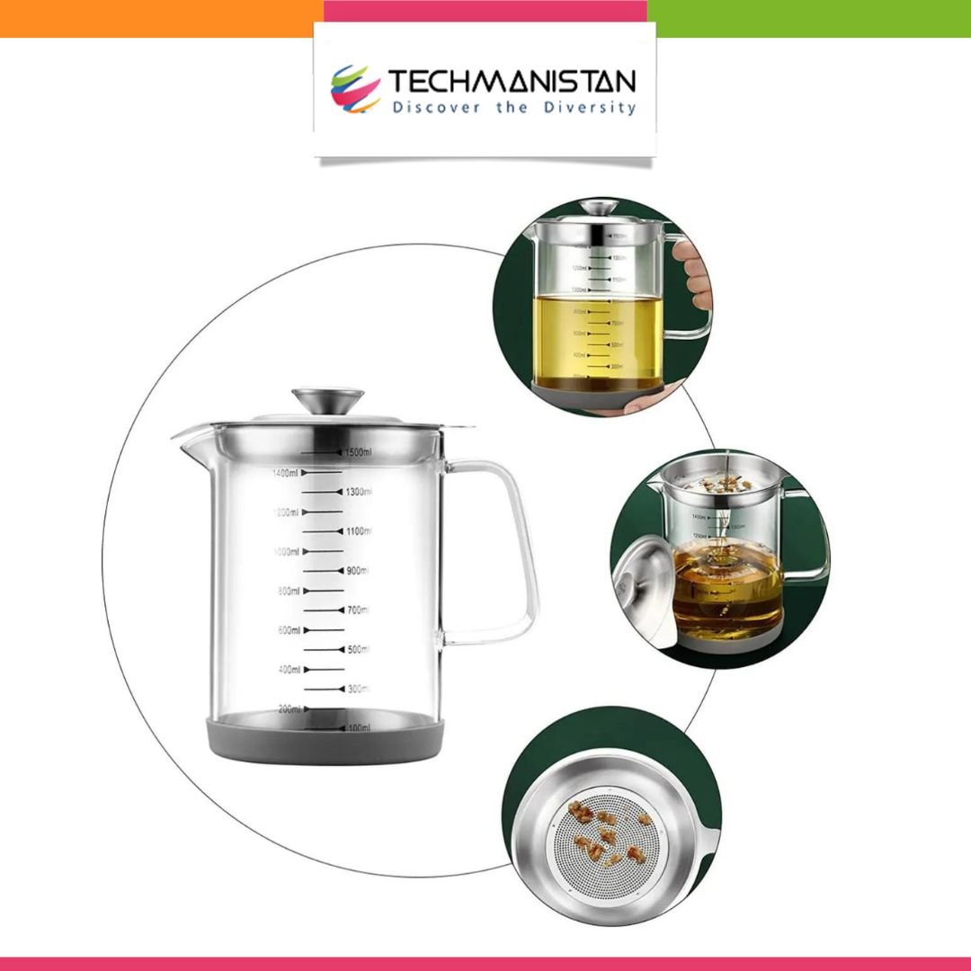 Glass Oil Pot with Stainless Steel Lid and Strainer - Techmanistan in Pakistan