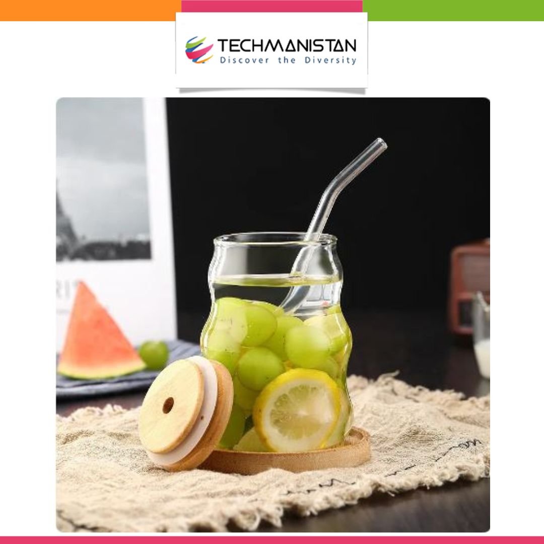 Glass Tumbler with Bamboo Lids and Glass Straw - Techmanistan in Pakistan