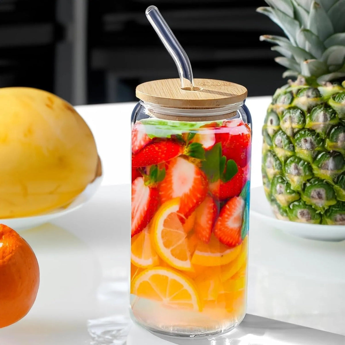 Glass Tumbler with Bamboo Lids and Glass Straw - Techmanistan in Pakistan