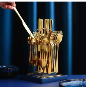 24pcs Golden Elegance Stainless Steel Cutlery Set with Stand