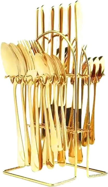 24pcs Golden Elegance Stainless Steel Cutlery Set with Stand