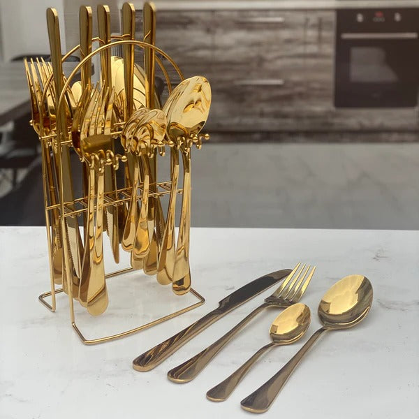 24pcs Golden Elegance Stainless Steel Cutlery Set with Stand