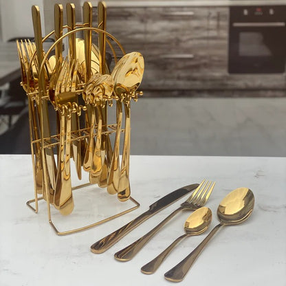 24pcs Golden Elegance Stainless Steel Cutlery Set with Stand