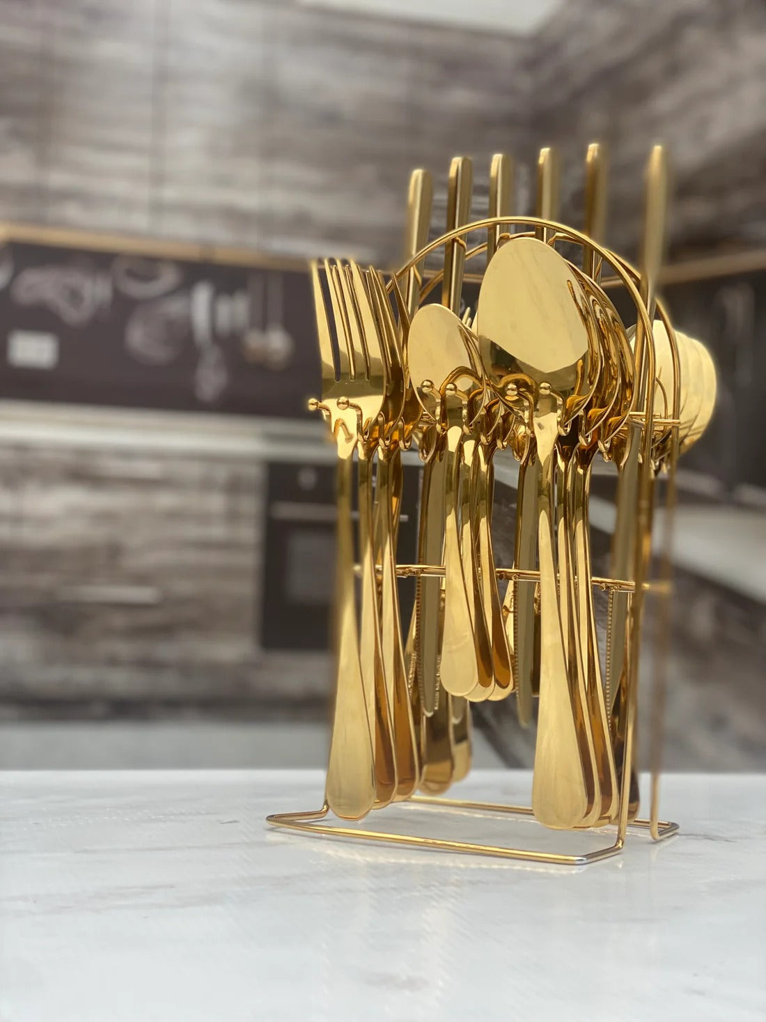 24pcs Golden Elegance Stainless Steel Cutlery Set with Stand