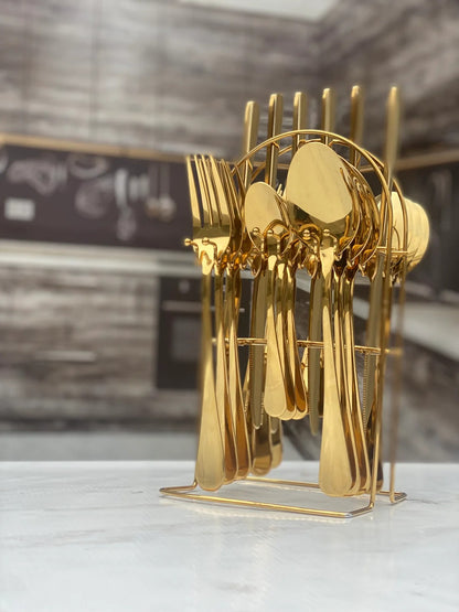 24pcs Golden Elegance Stainless Steel Cutlery Set with Stand