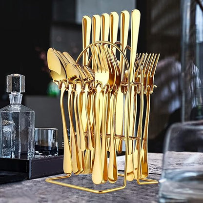 24pcs Golden Elegance Stainless Steel Cutlery Set with Stand