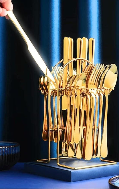 24pcs Golden Elegance Stainless Steel Cutlery Set with Stand