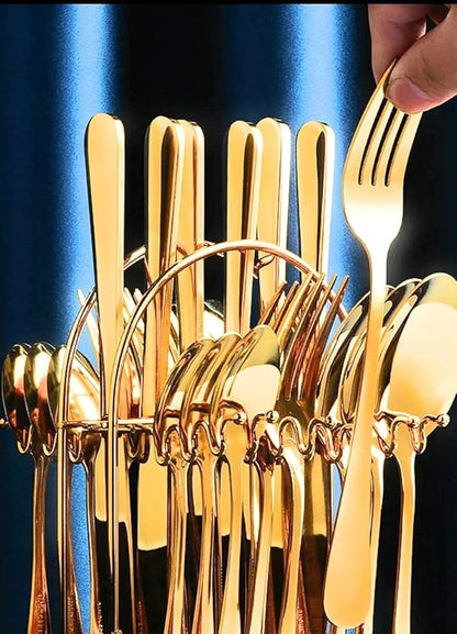 24pcs Golden Elegance Stainless Steel Cutlery Set with Stand
