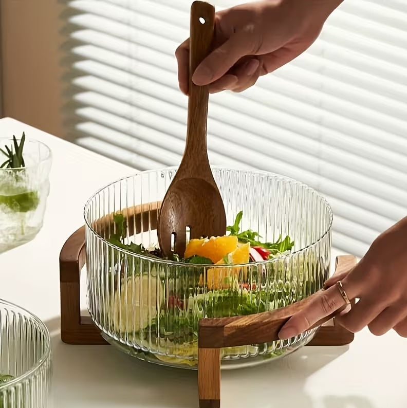 Ribbed Glass Salad Bowl with Wooden Stand, Mixing Bowl