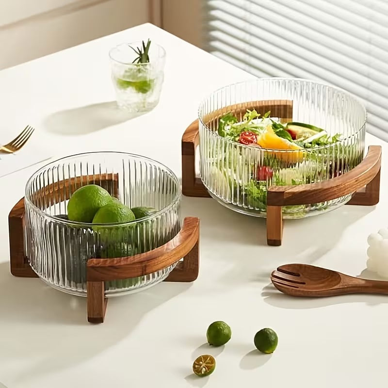 Ribbed Glass Salad Bowl with Wooden Stand, Mixing Bowl