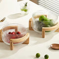 Ribbed Glass Salad Bowl with Wooden Stand, Mixing Bowl
