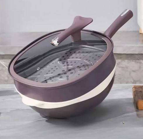 12-Inch Titanium Alloy Nonstick Pot with Lid & Steamer – Purple