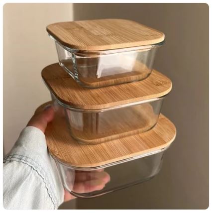 Set of 3 Glass Oven-Safe Containers with Bamboo Wooden Lids