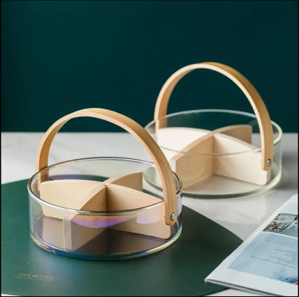 2200ml Nordic Style Glass Basket with Wooden Handle & Divider