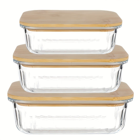Set of 3 Glass Oven-Safe Containers with Bamboo Wooden Lids