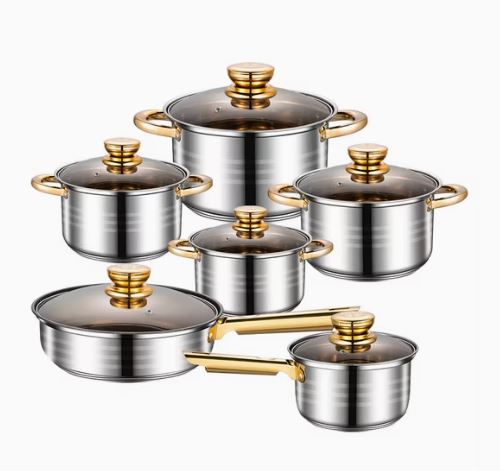 12-Piece Classic Stainless Steel Golden Handles Cookware Set