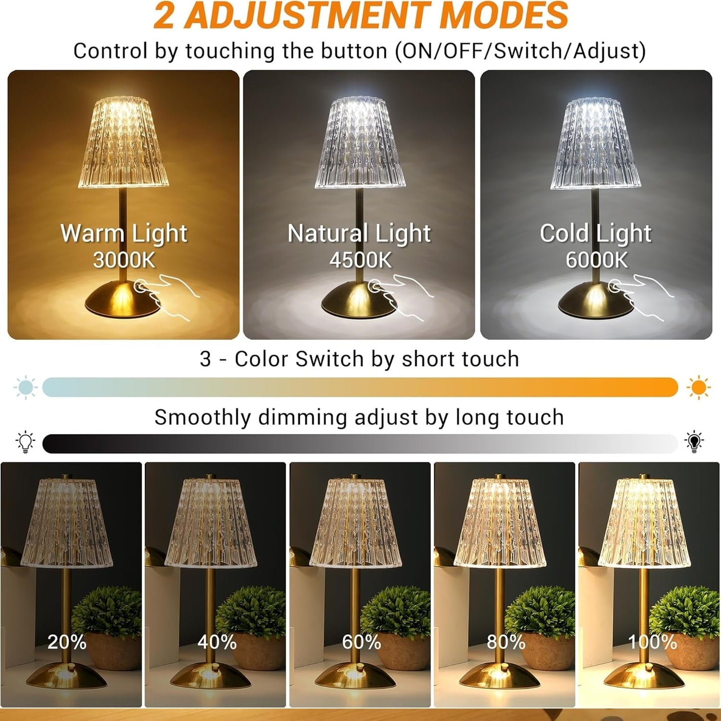 Dimmable Crystal 3 Colors LED Cordless Table Lamp Techmanistan