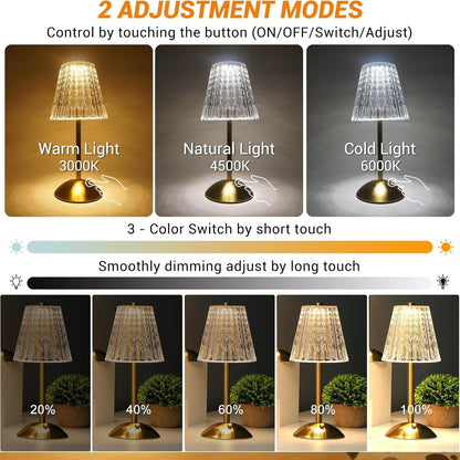 Dimmable Crystal 3 Colors LED Cordless Table Lamp Techmanistan