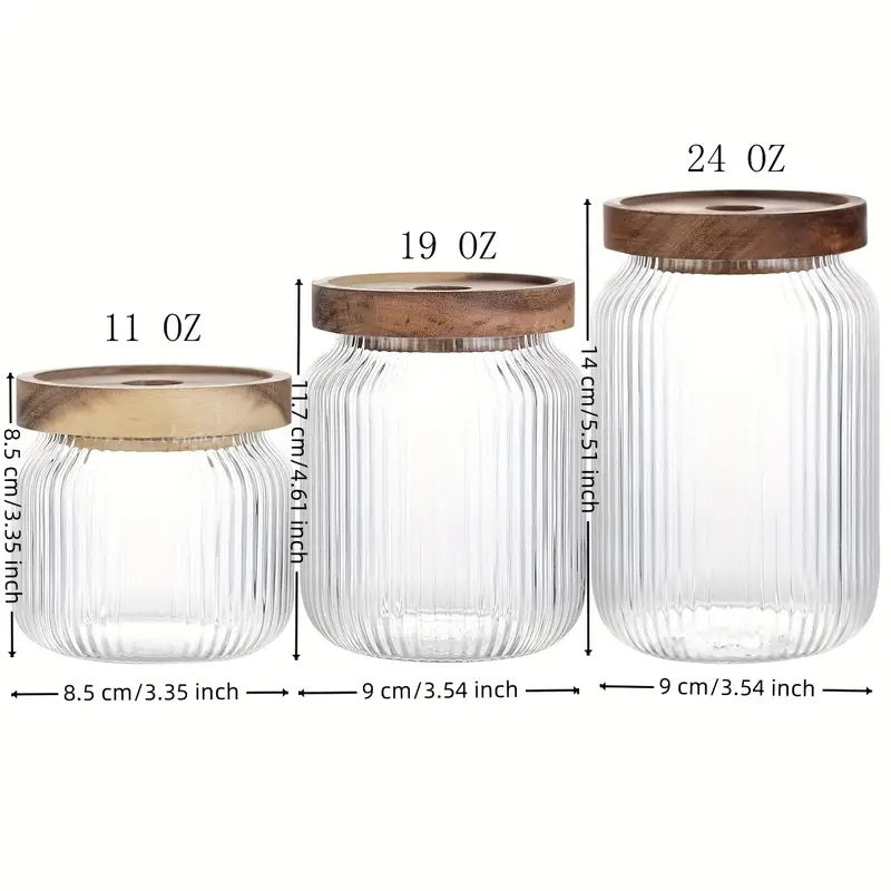 Set of 3 - Stackable Borosilicate Airtight Striped Glass Jars