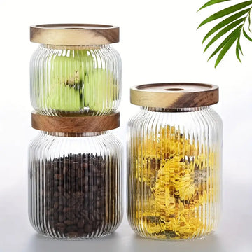 Set of 3 - Stackable Borosilicate Airtight Striped Glass Jars