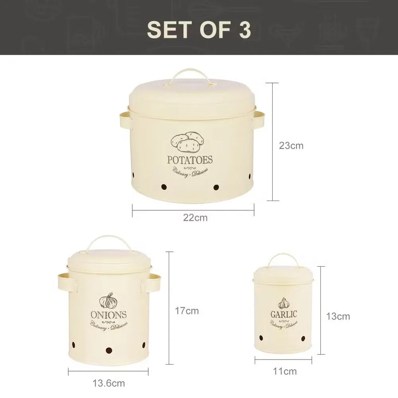 Set of 3 - Antique White Vintage Vegetable Metal Kitchen Storage Canisters – Aloo Pyaz Organiser