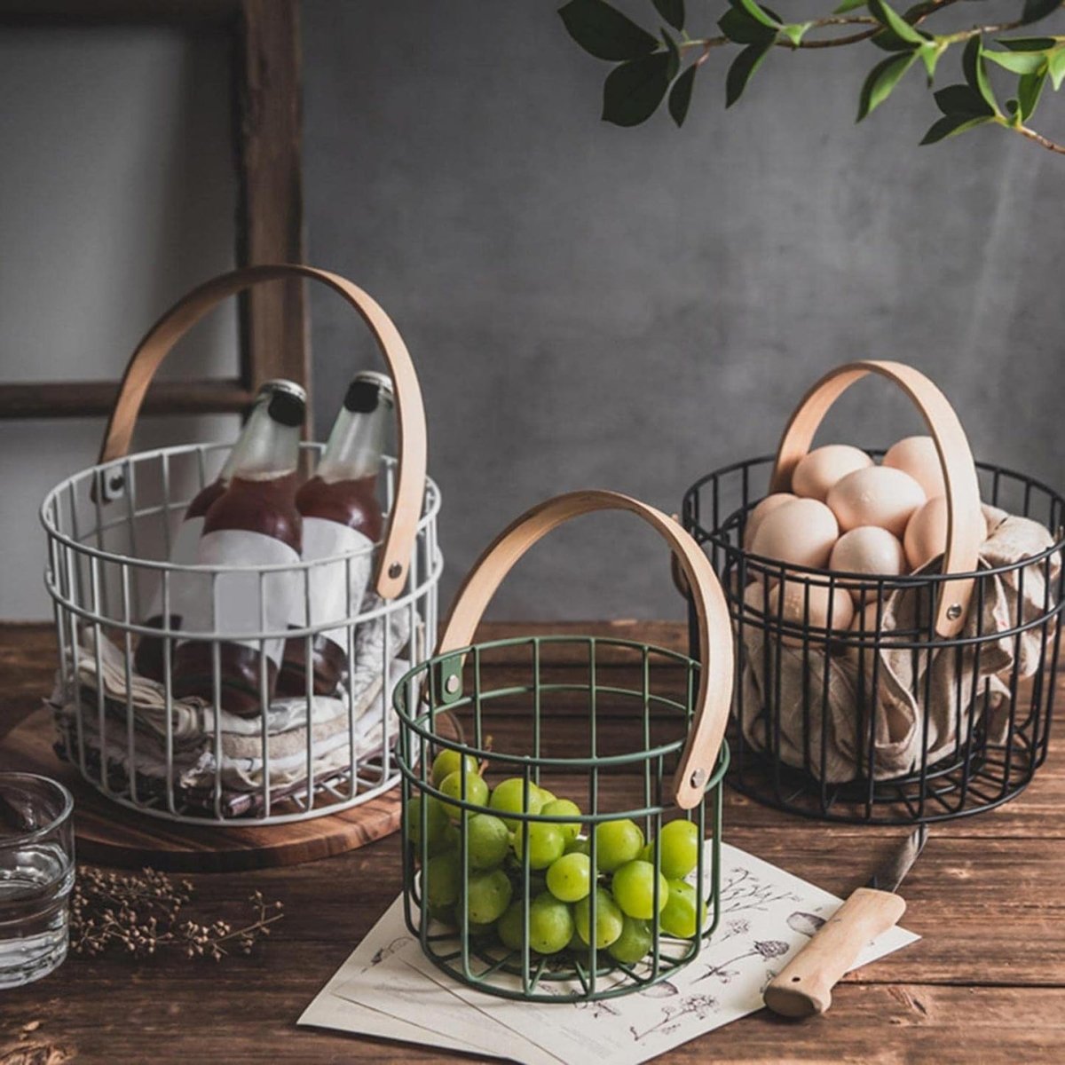 Iron Wire Egg Basket with Wooden Handle - Techmanistan in Pakistan