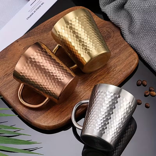 Stainless Steel Hammered Texture Glass with Handle - Coffee Cup