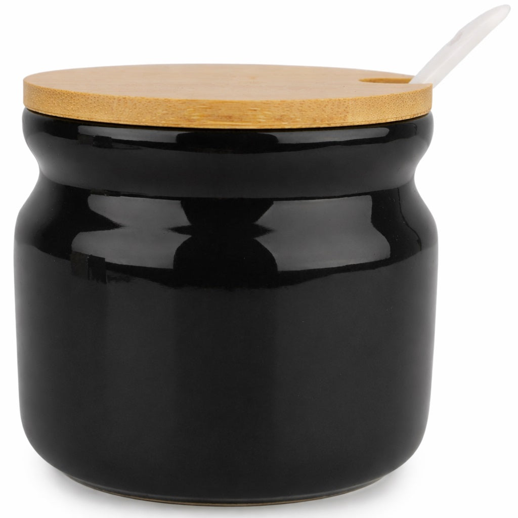 Ceramic Sugar Pot with Spoon & Wooden Lid