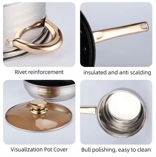 12-Piece Classic Stainless Steel Golden Handles Cookware Set