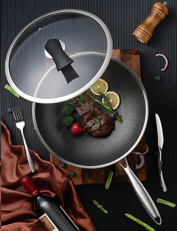 Single Handle Laser Coated Honeycomb Print Nonstick Wok With Lid