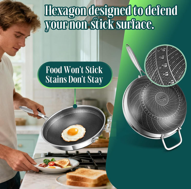 34cm Double Sided Laser Coated Stainless Steel Wok with Steamer