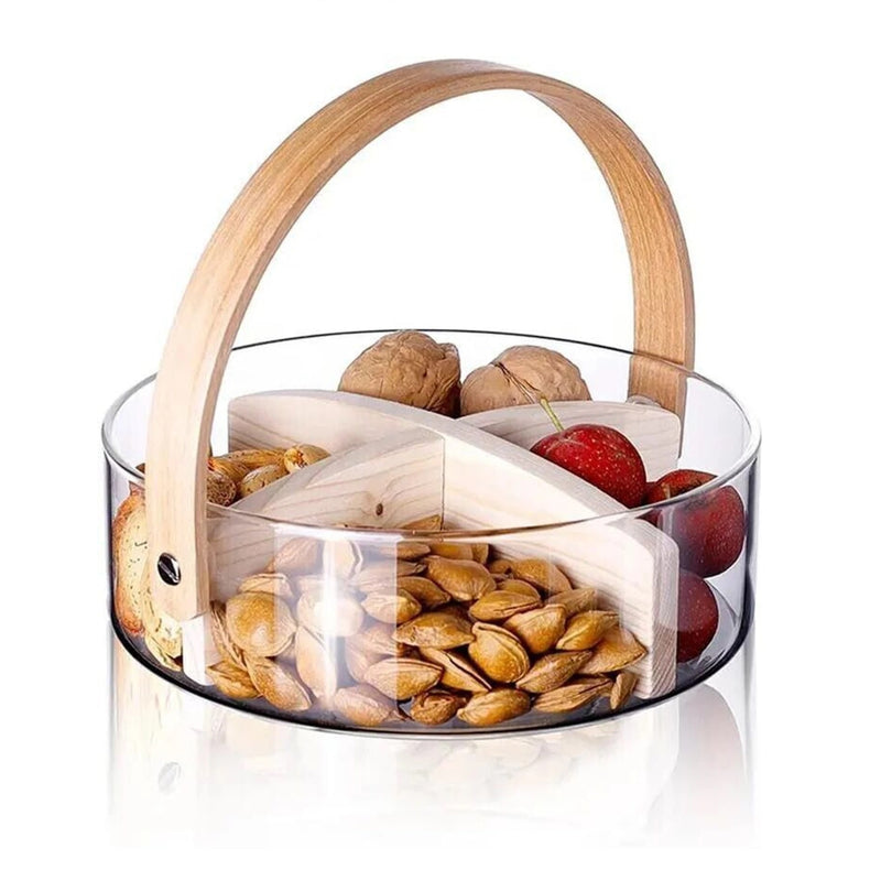 2200ml Nordic Style Glass Basket with Wooden Handle & Divider