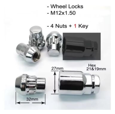 Anti-Theft Wheel Bolts - Car Tyre Security Nuts - Set of 4 Locks and 1 Key