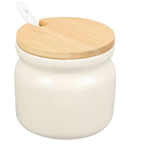 Ceramic Sugar Pot with Spoon & Wooden Lid