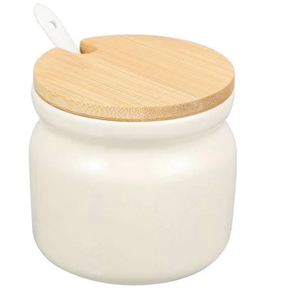 Ceramic Sugar Pot with Spoon & Wooden Lid