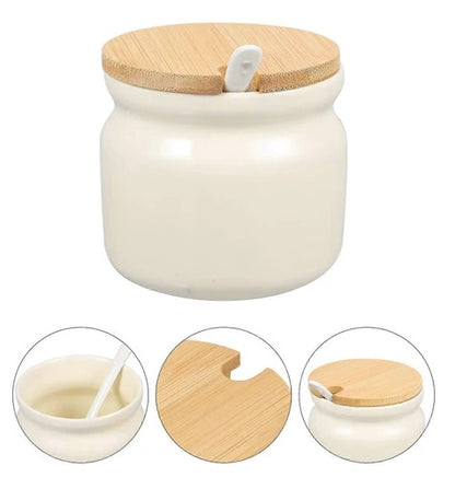 Ceramic Sugar Pot with Spoon & Wooden Lid