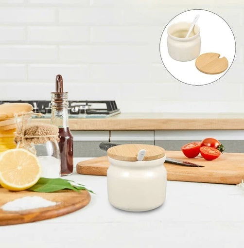Ceramic Sugar Pot with Spoon & Wooden Lid