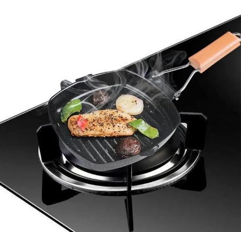 Non-Stick Square Grill Pan With Foldable Wooden Handle