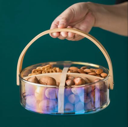 2200ml Nordic Style Glass Basket with Wooden Handle & Divider