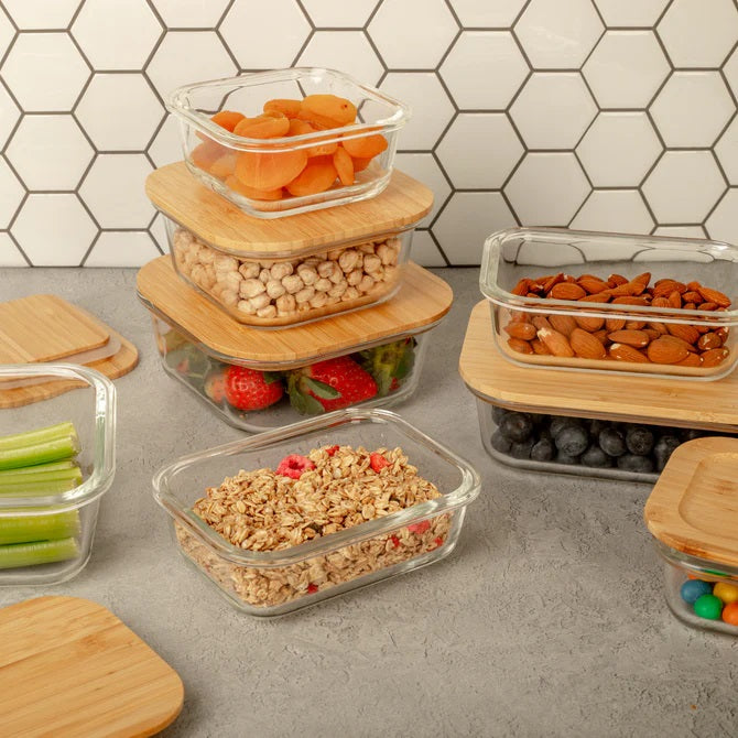Set of 3 Glass Oven-Safe Containers with Bamboo Wooden Lids