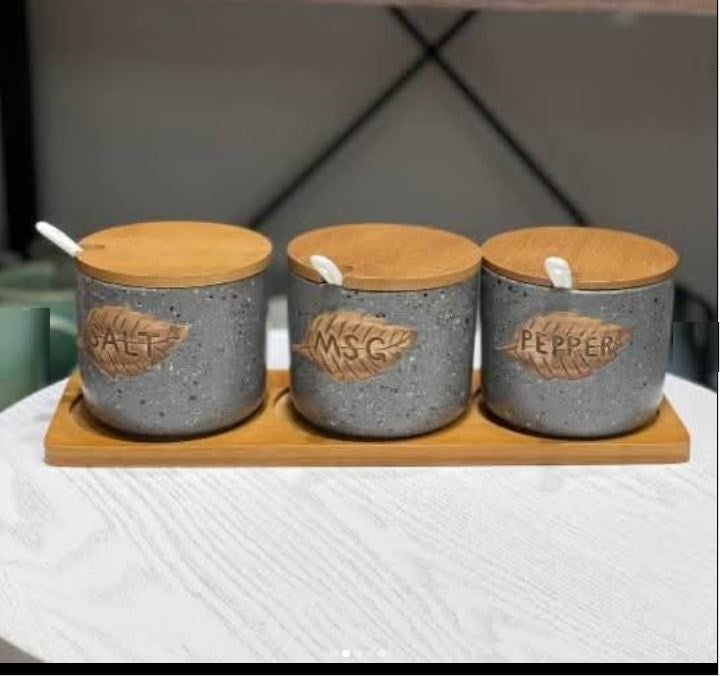 3-Piece Kitchen Spice Jar Set with Wooden Lids & Tray