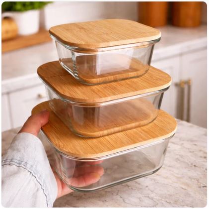 Set of 3 Glass Oven-Safe Containers with Bamboo Wooden Lids