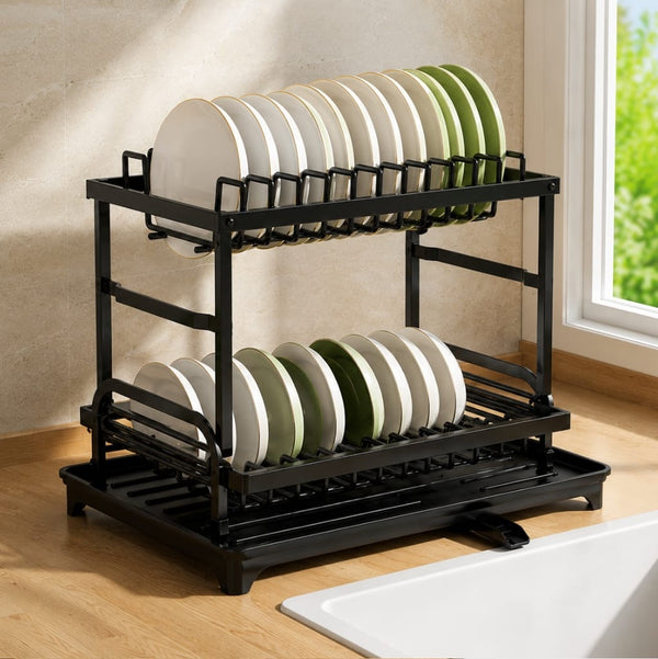 Large Capacity 2 Layer Dish Drying Rack with Water Drain Tray – Black