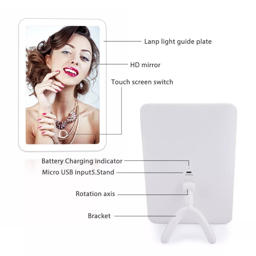 LED Touch Screen 180 Degree Rotating Cosmetic Mirror, LED Touch Screen Makeup Mirror With USB Charger & Stand - Techmanistan in Pakistan