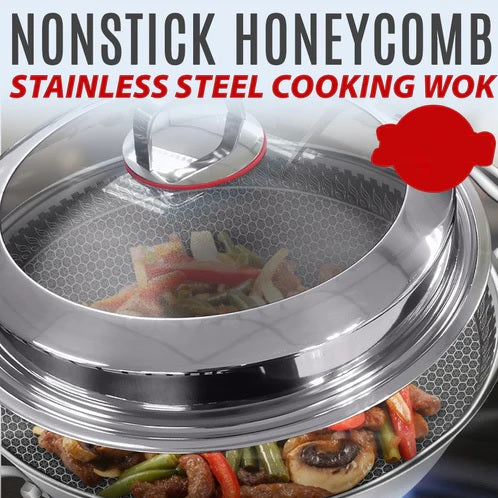 Honeycomb Print Laser Coated Nonstick Wok With Dual Handles & Lid Techmanistan